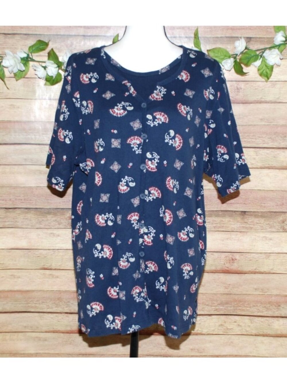 Bobbie Brooks Twin Set Look Blue Floral Ribbed Shirt Top Size 22W Stretch